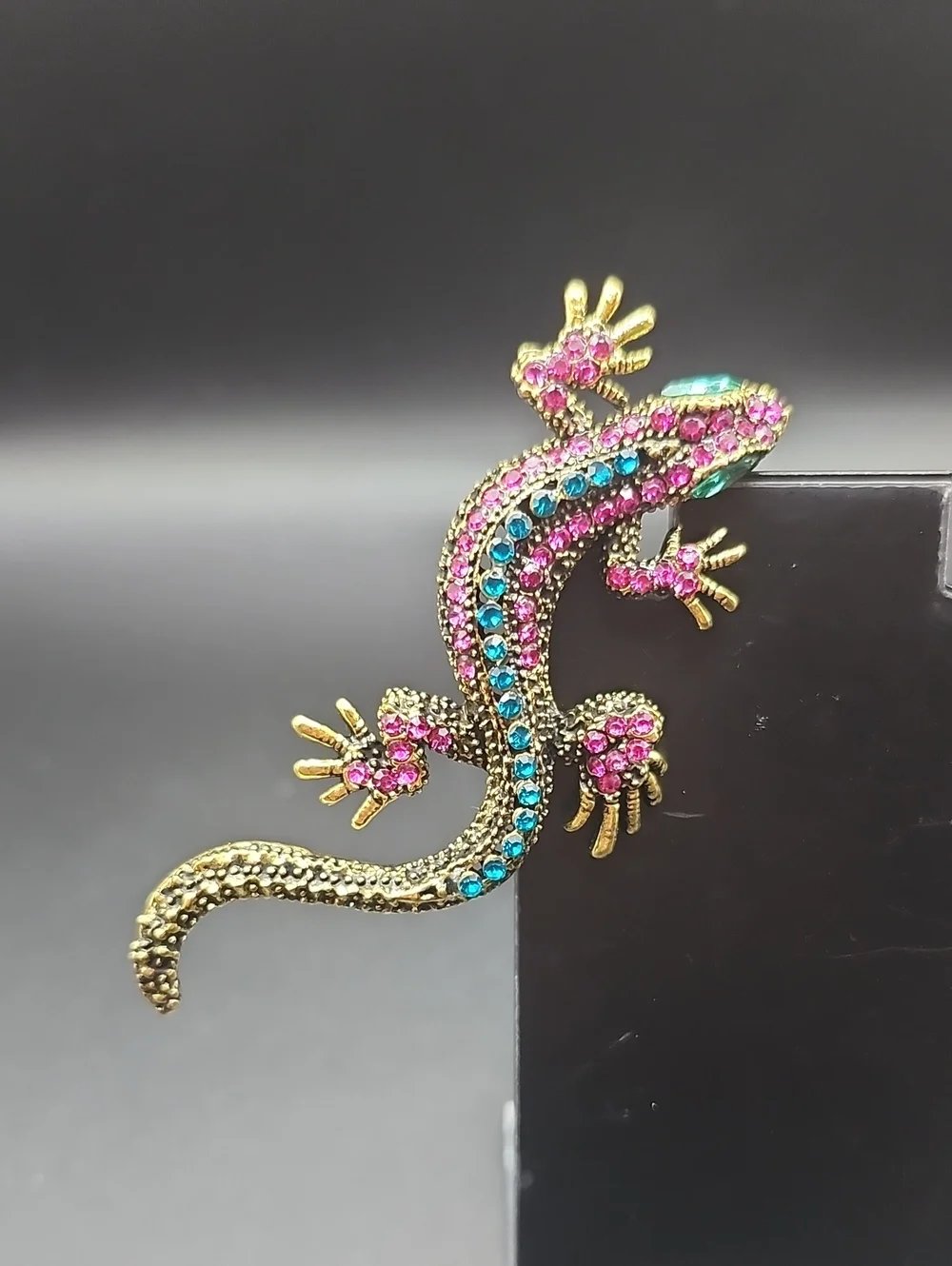 Gold-tone Pink & Teal Rhinestone Lizard Brooch - Brand